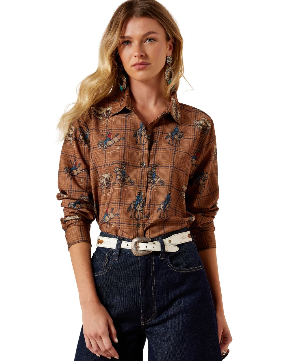 Glan Plaid Rodeo coloured Ariat Womens Homestyle Shirt on white background 