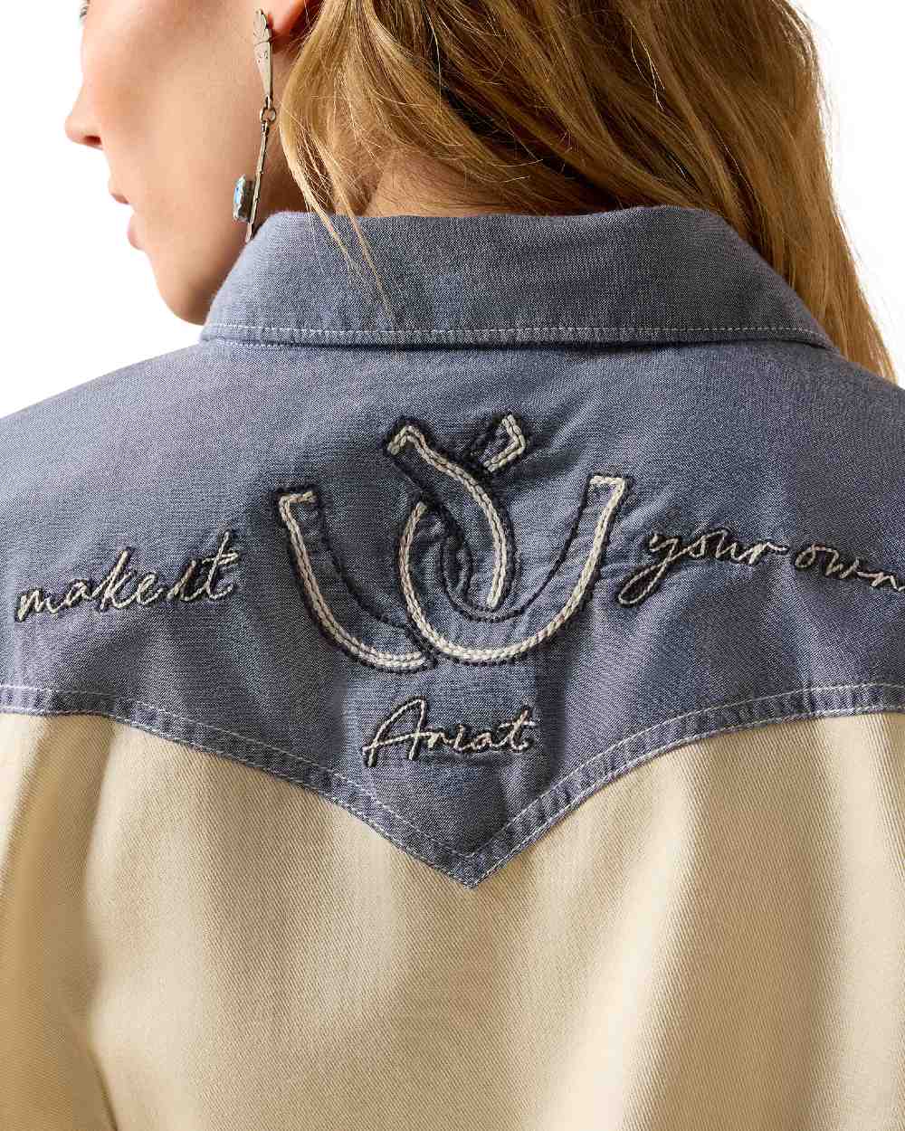 Summer Sand Chambray coloured Ariat Womens Horseshoe Western Snap Shirt on white background 
