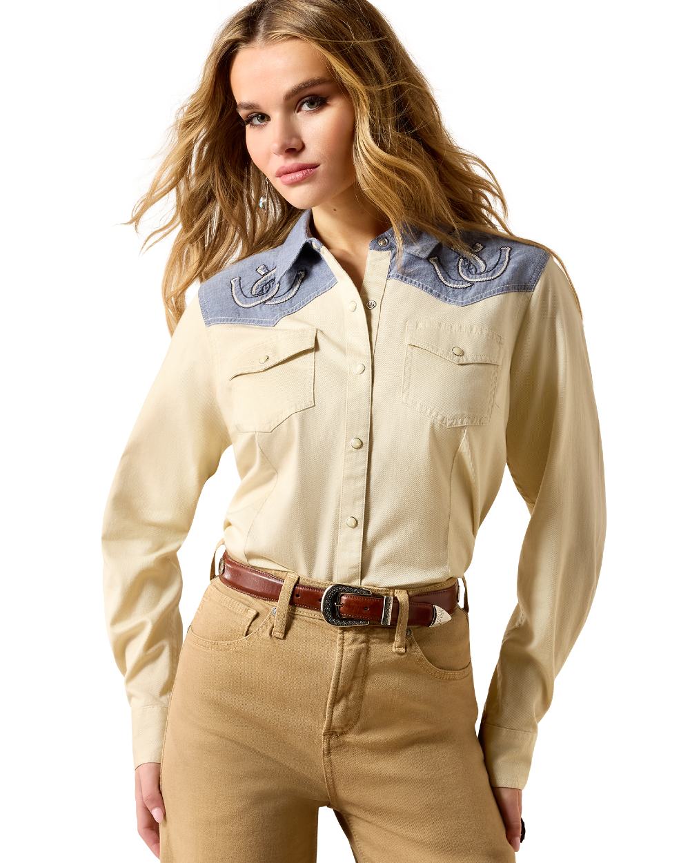 Summer Sand Chambray coloured Ariat Womens Horseshoe Western Snap Shirt on white background 