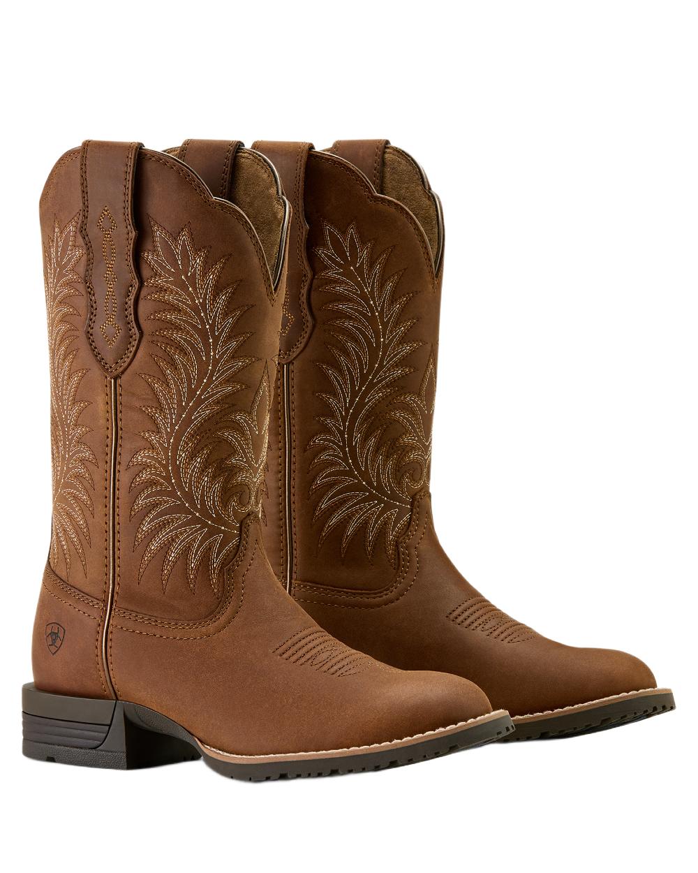 Frontier Brown coloured Ariat Womens Hybrid Ranchward W Toe Western Boots on white background 