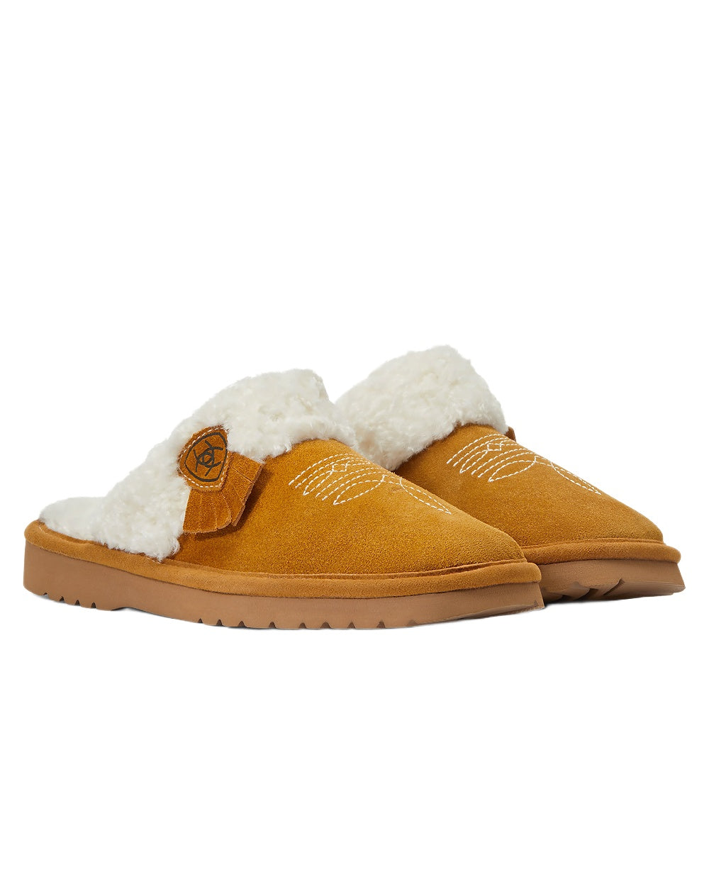 Chestnut coloured Ariat Womens Jackie Square Toe Slippers on white background 