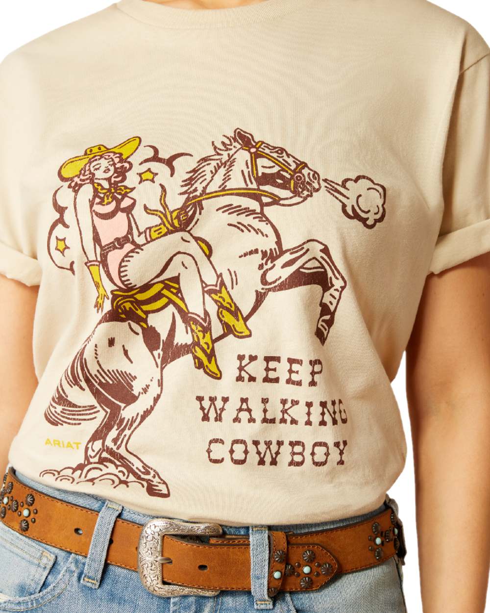 Natural Coloured Ariat Womens Keep Walkin Cowboy T-Shirt on white background 