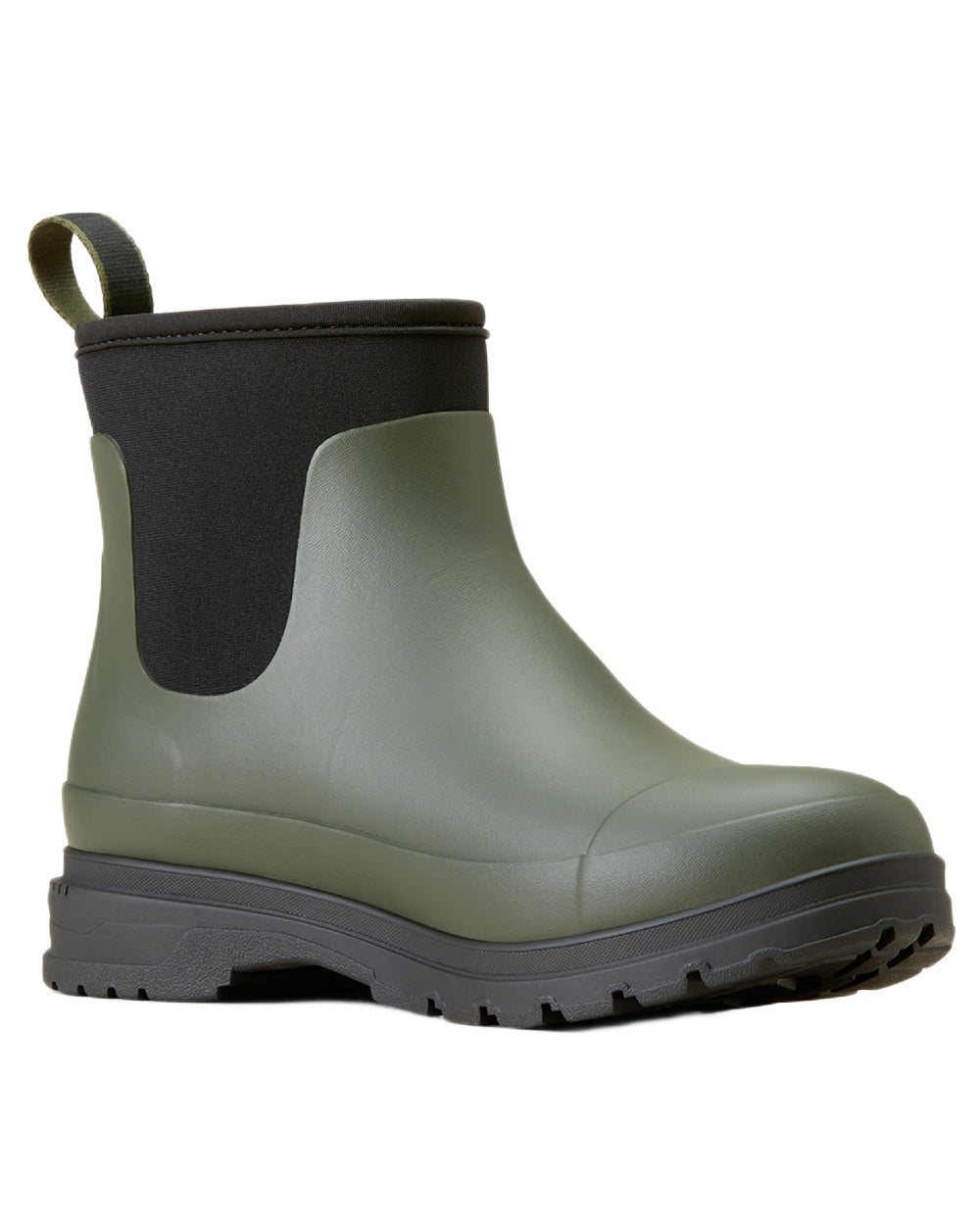 Dark Olive coloured Ariat Womens Kelmarsh Shortie Rubber Boots on white background 