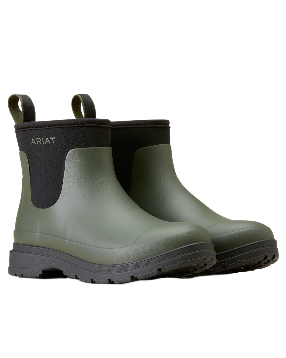 Dark Olive coloured Ariat Womens Kelmarsh Shortie Rubber Boots on white background 