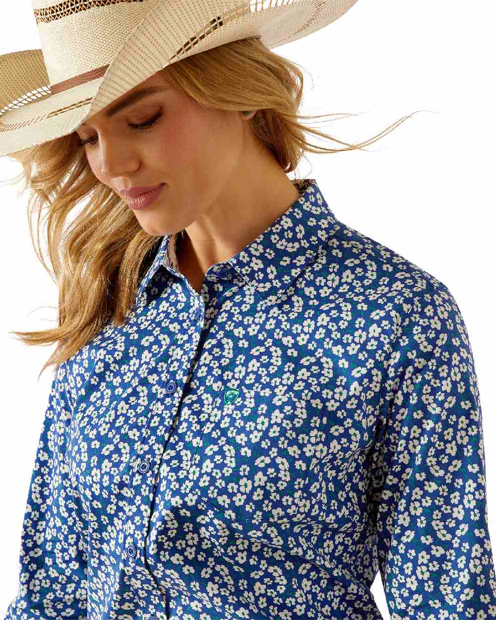 Georgia Floral Ditsy Print coloured Ariat Womens Kirby Stretch Shirt on white background 