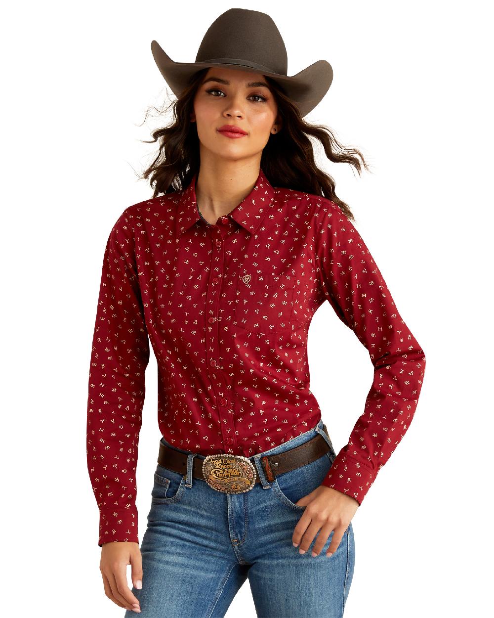 Cattle Brand Coloured Ariat Womens Kirby Stretch Western Shirt on white background 