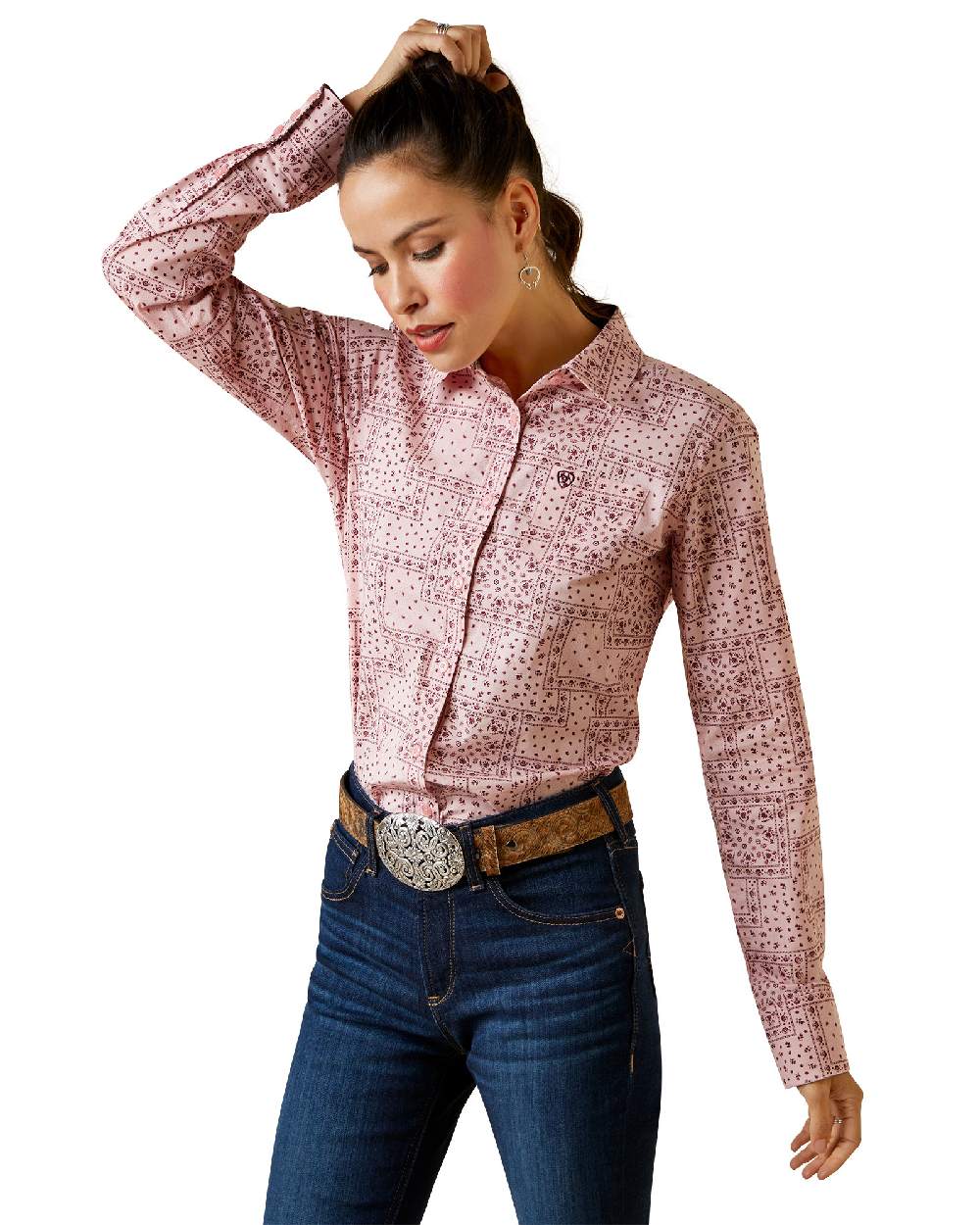 Coral Blush Paisley Coloured Ariat Womens Kirby Stretch Western Shirt on white background 