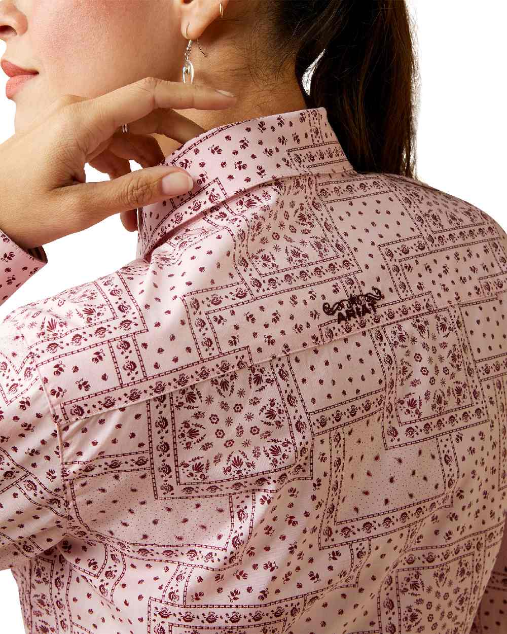 Coral Blush Paisley Coloured Ariat Womens Kirby Stretch Western Shirt on white background 