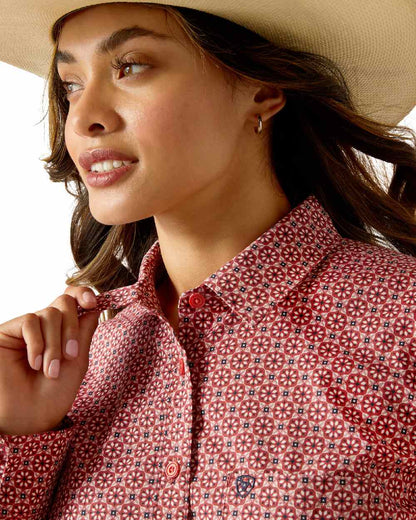 Garnet Rose Geo Coloured Ariat Womens Kirby Stretch Western Shirt on white background 