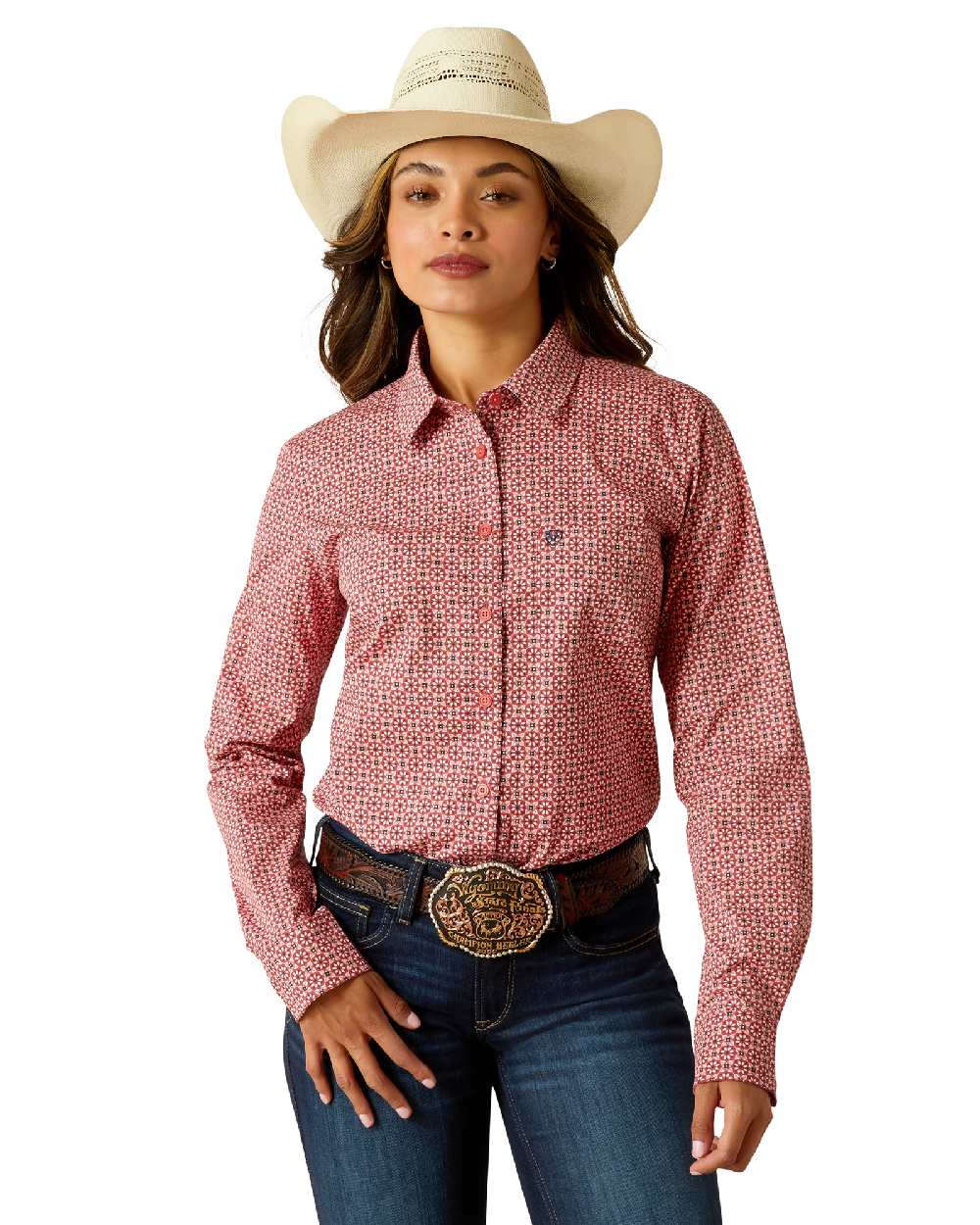 Garnet Rose Geo Coloured Ariat Womens Kirby Stretch Western Shirt on white background 