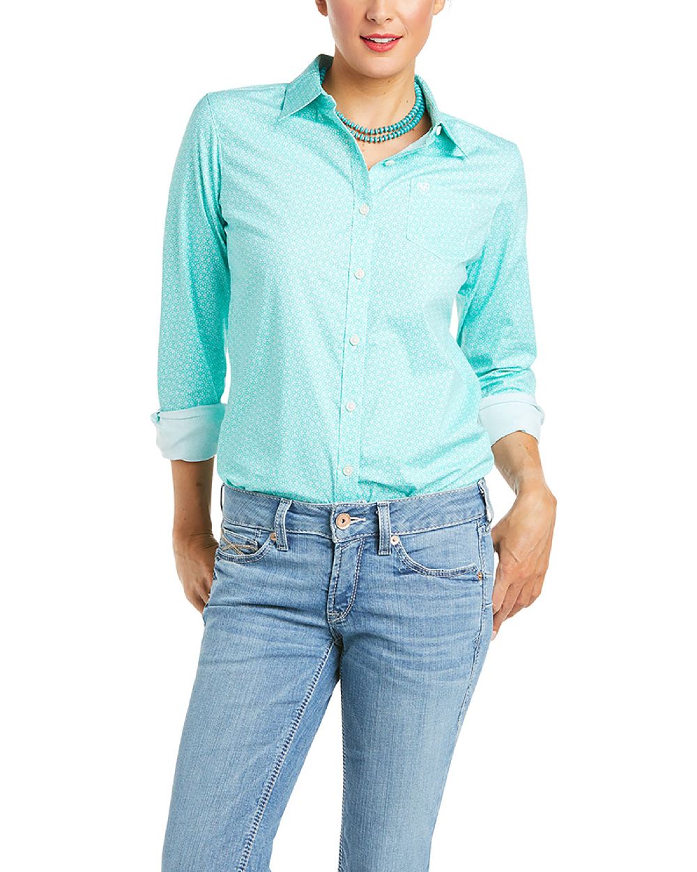 Waterfall Coloured Ariat Womens Kirby Stretch Western Shirt on white background 