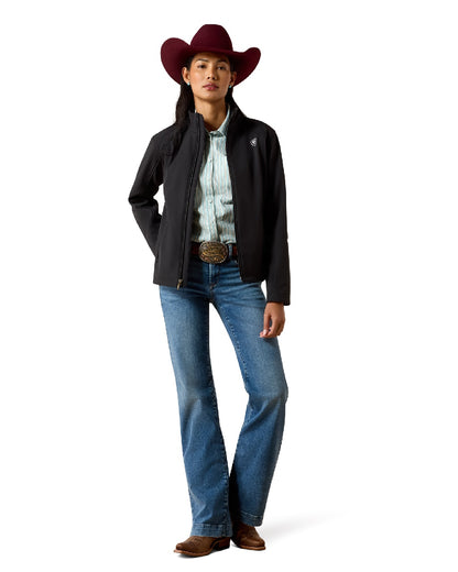 Black White coloured Ariat Womens Logo Softshell Jacket on white background 