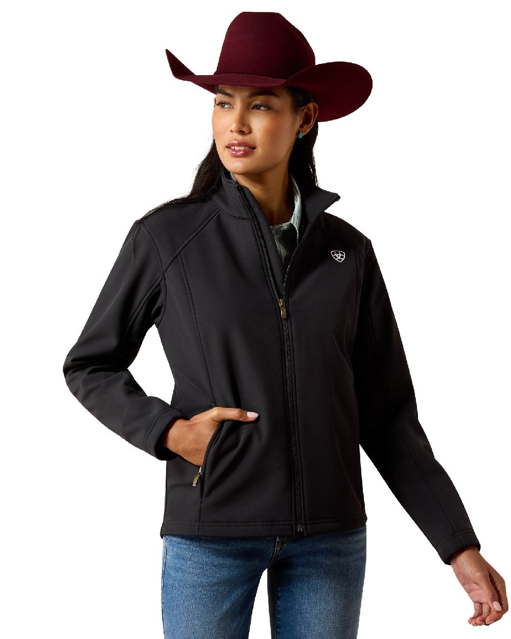 Black White coloured Ariat Womens Logo Softshell Jacket on white background 