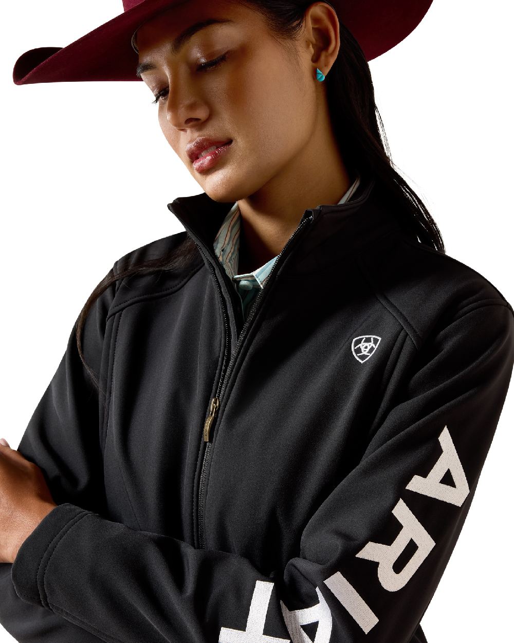 Black White coloured Ariat Womens Logo Softshell Jacket on white background 