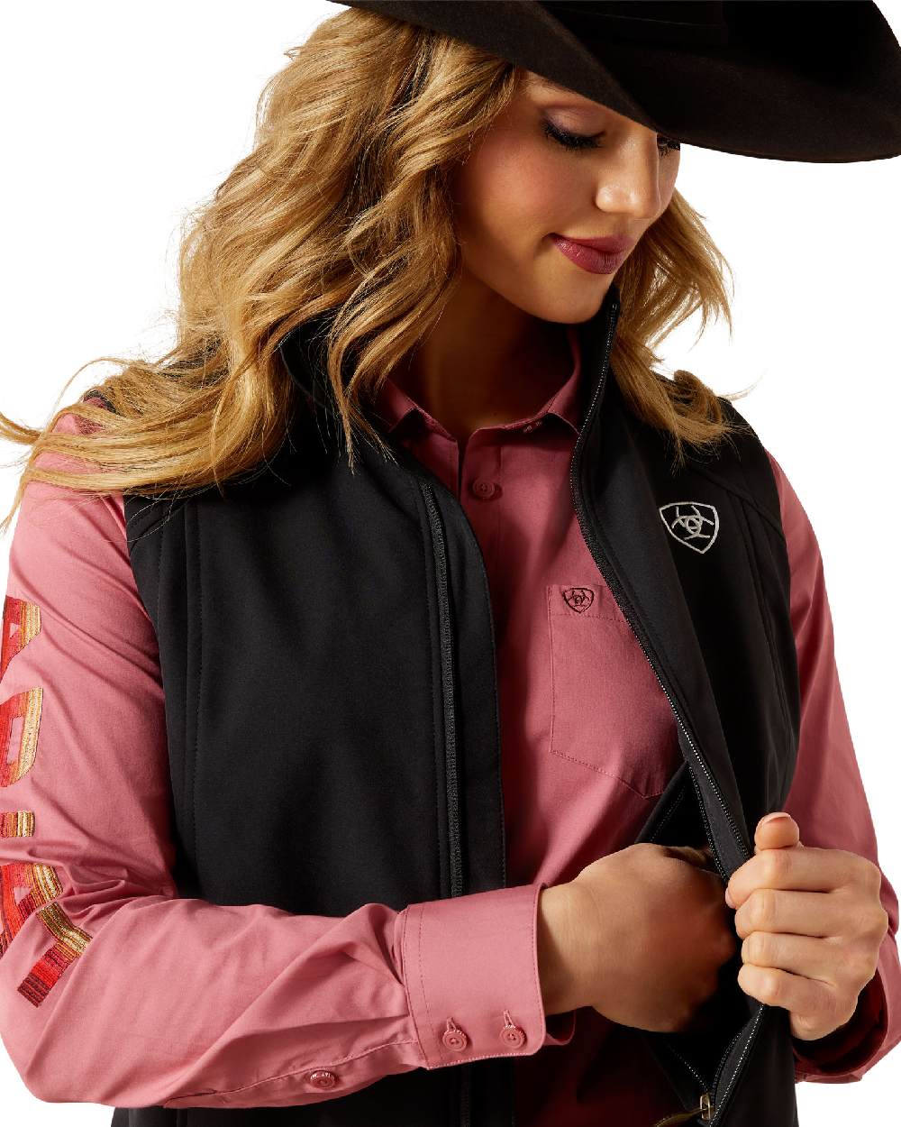 Black coloured Ariat Womens Logo Softshell Vest on white background 