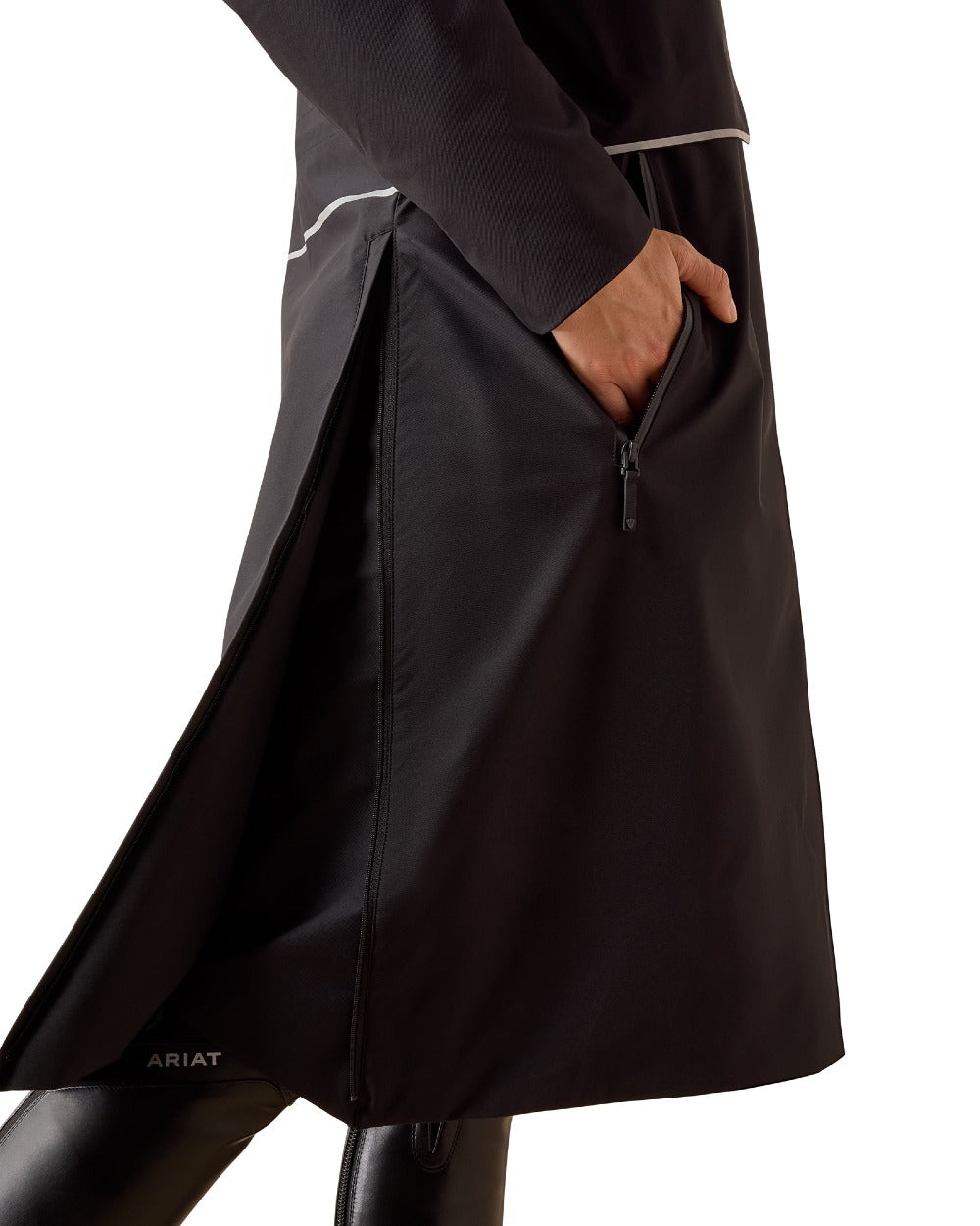 Black coloured Ariat Womens Long Rider Waterproof Coat on a white background 