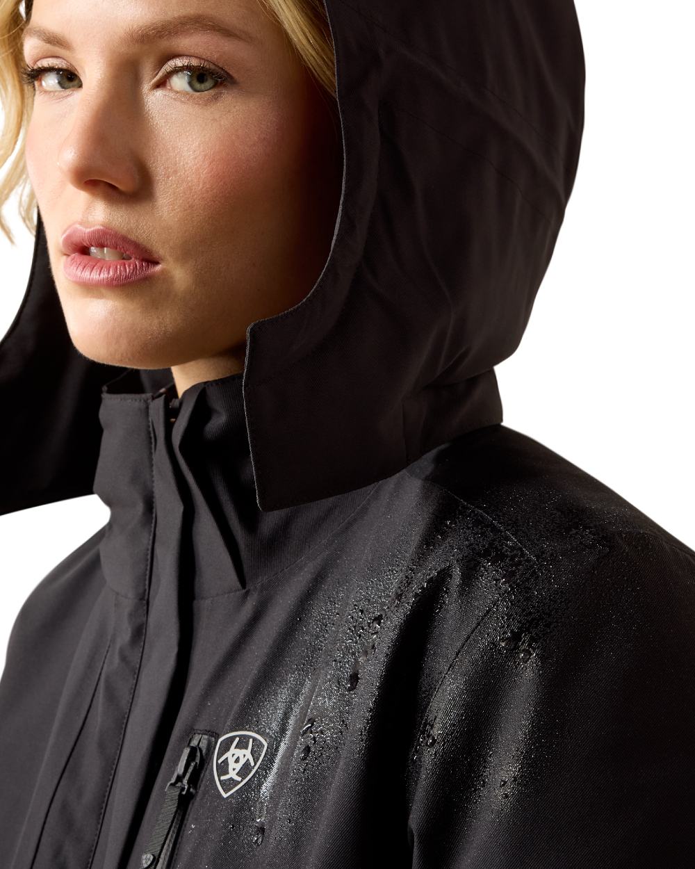 Black coloured Ariat Womens Long Rider Waterproof Coat on a white background 
