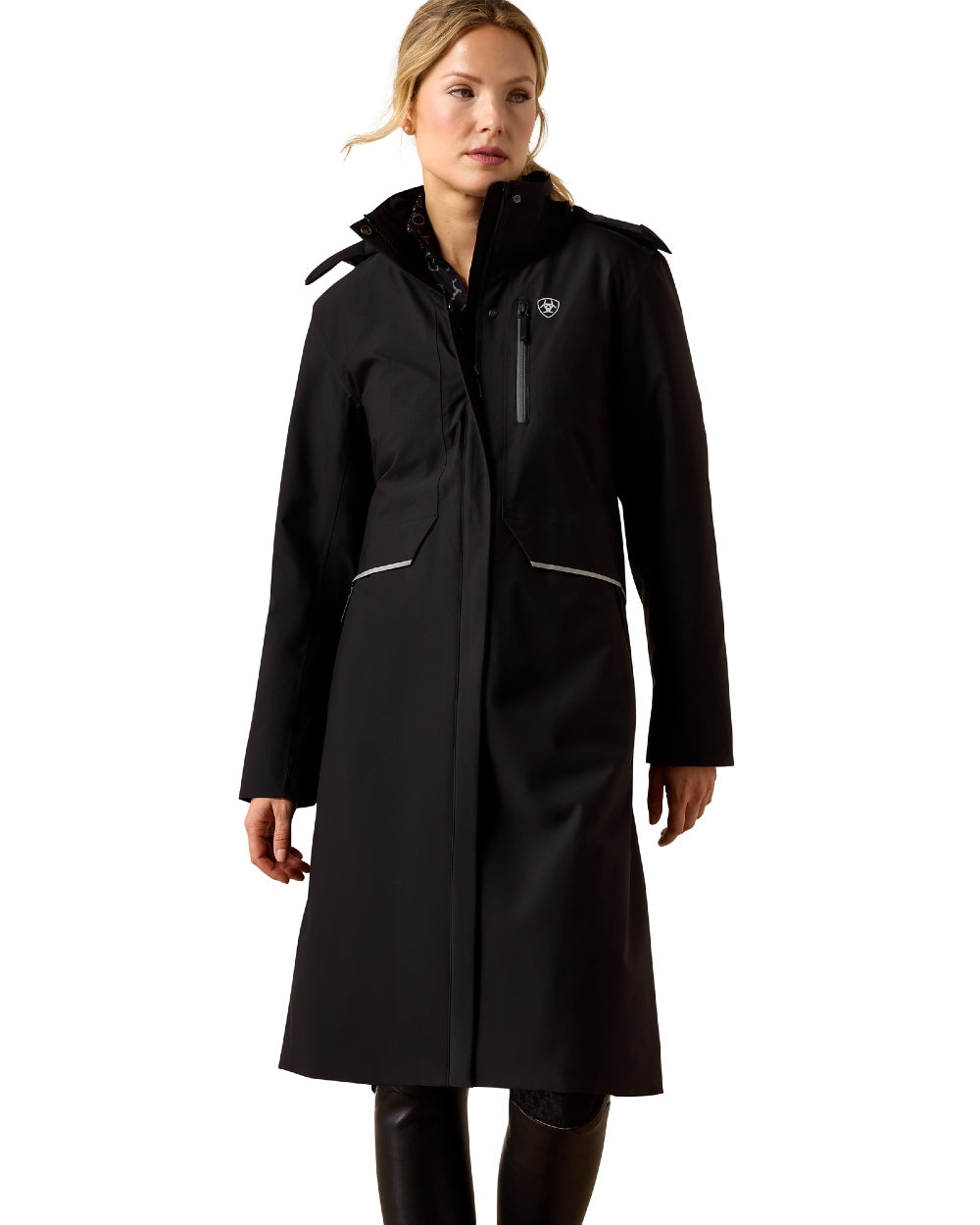 Black coloured Ariat Womens Long Rider Waterproof Coat on a white background 