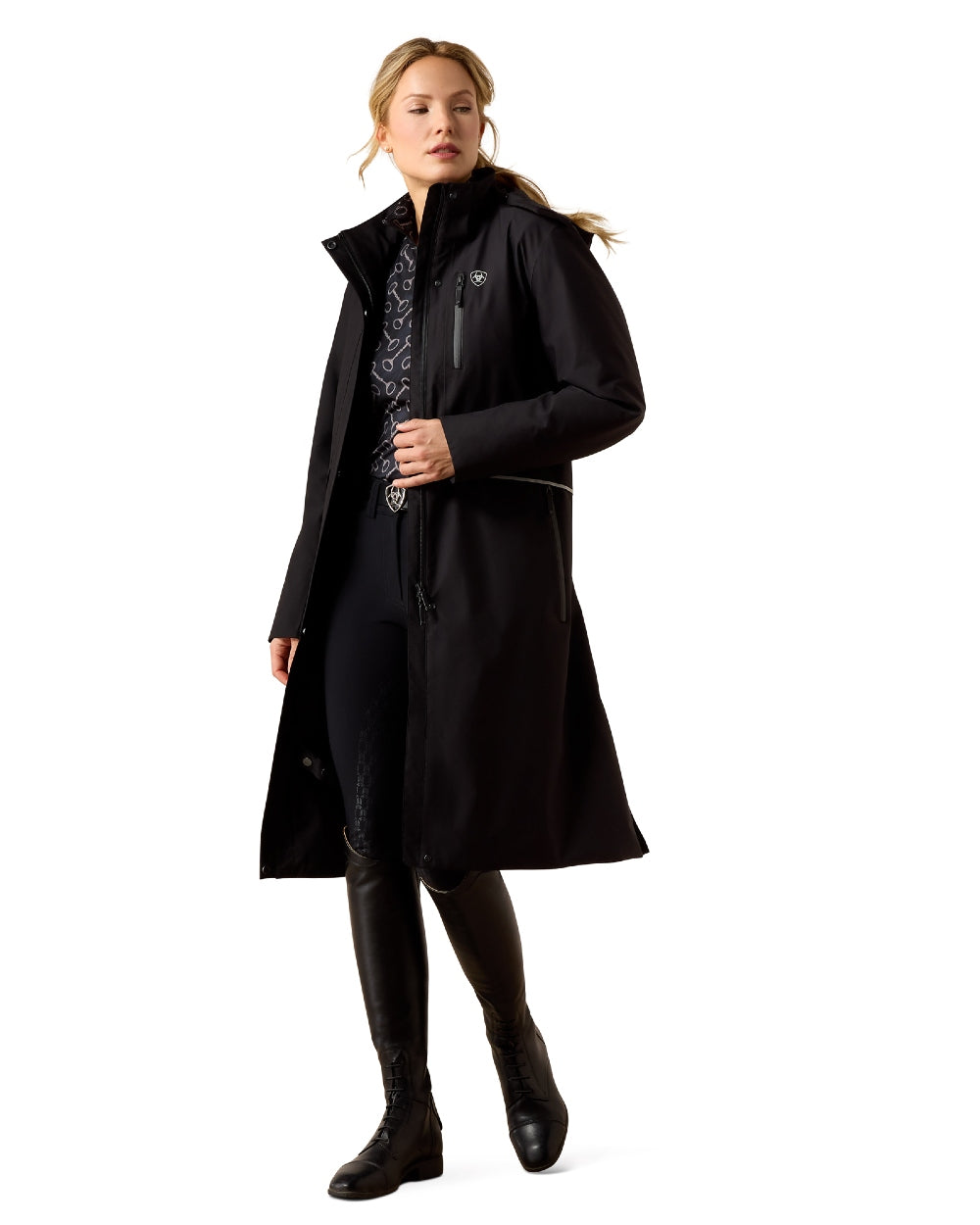 Black coloured Ariat Womens Long Rider Waterproof Coat on a white background 