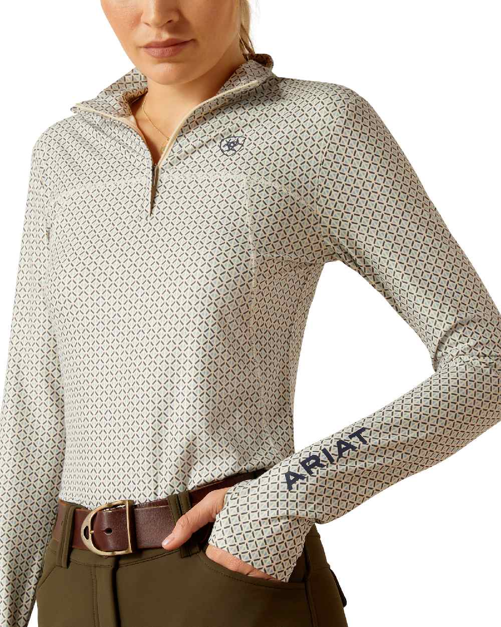 Deco Geo Coloured Ariat Womens Lowell 3.0 Quarter Zip Baselayer on white background 