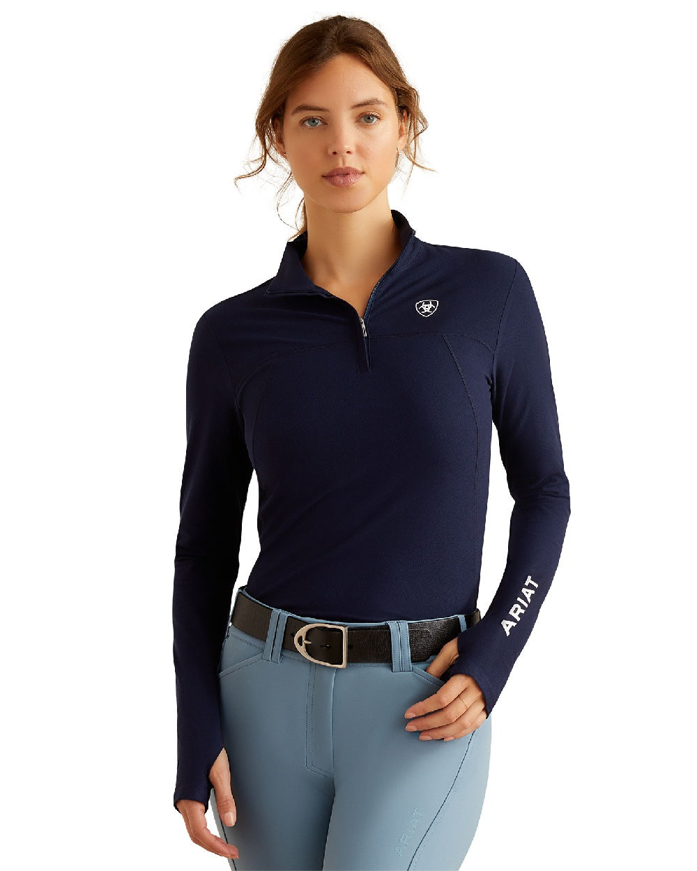 Navy Eclipse Coloured Ariat Womens Lowell 3.0 Quarter Zip Baselayer on white background 