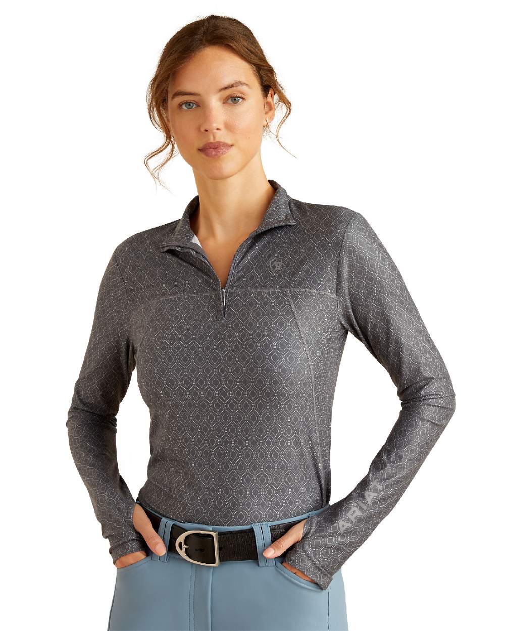 Quiet Shade Dot Coloured Ariat Womens Lowell 3.0 Quarter Zip Baselayer on white background 