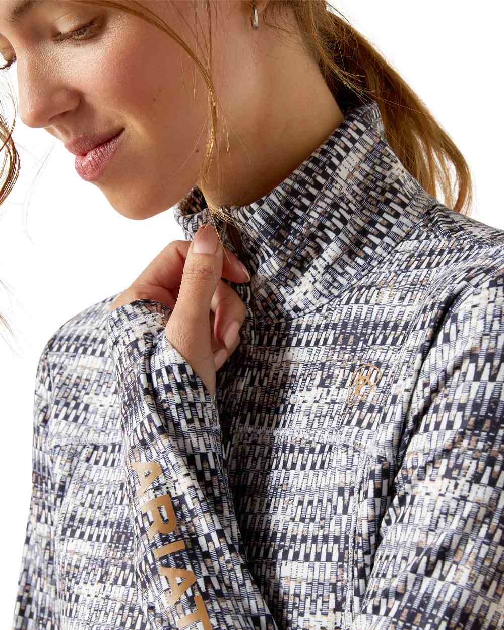 Autumn Batik Coloured Ariat Womens Lowell 3.0 Quarter Zip Baselayer on white background 