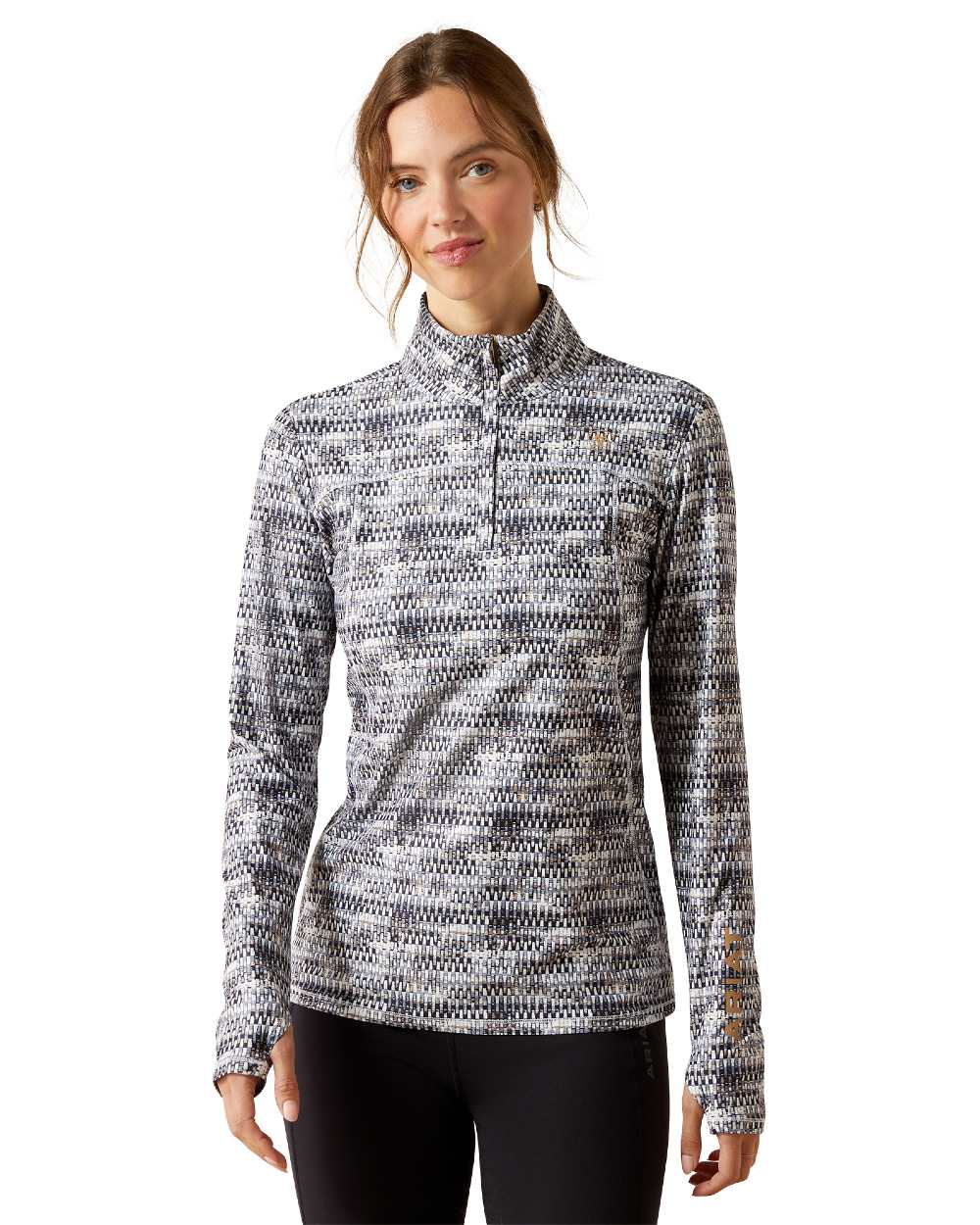 Autumn Batik Coloured Ariat Womens Lowell 3.0 Quarter Zip Baselayer on white background 