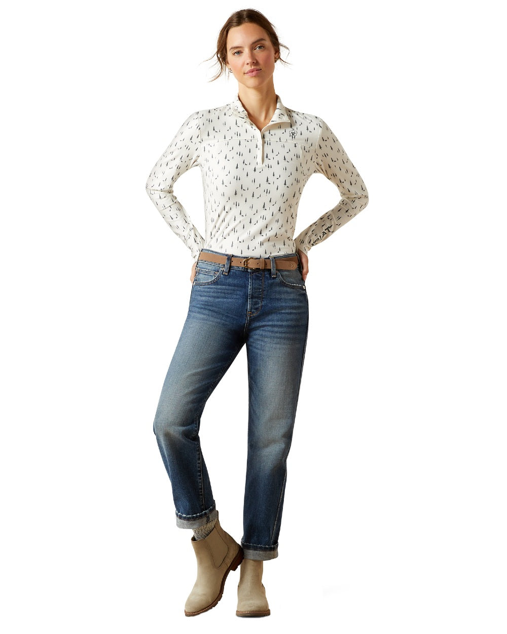 Forest Horses Coloured Ariat Womens Lowell 3.0 Quarter Zip Baselayer on white background 