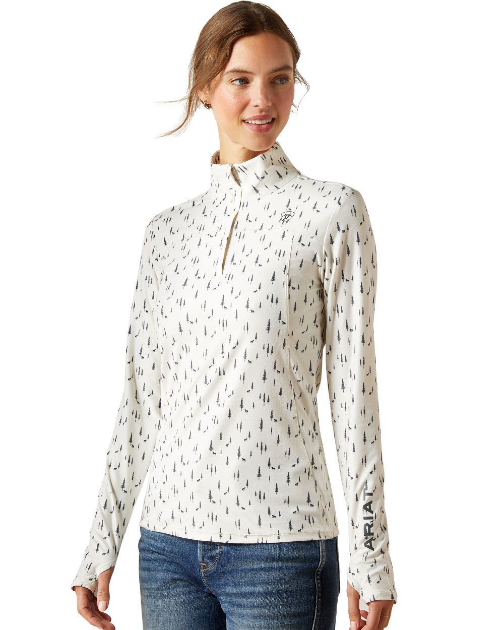 Forest Horses Coloured Ariat Womens Lowell 3.0 Quarter Zip Baselayer on white background 