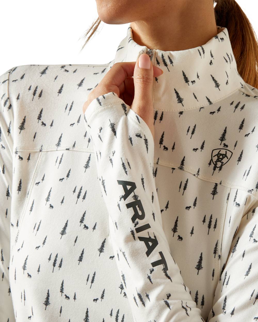 Forest Horses Coloured Ariat Womens Lowell 3.0 Quarter Zip Baselayer on white background 