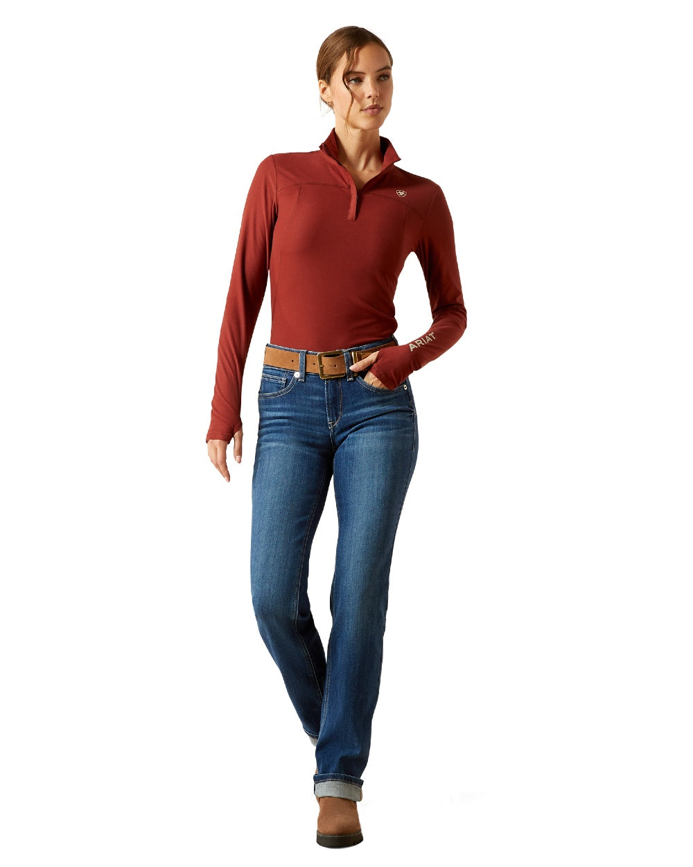 Madder Brown Coloured Ariat Womens Lowell 3.0 Quarter Zip Baselayer on white background 