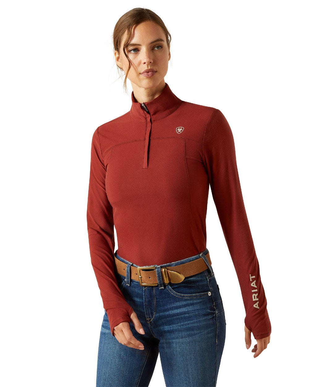 Madder Brown Coloured Ariat Womens Lowell 3.0 Quarter Zip Baselayer on white background 