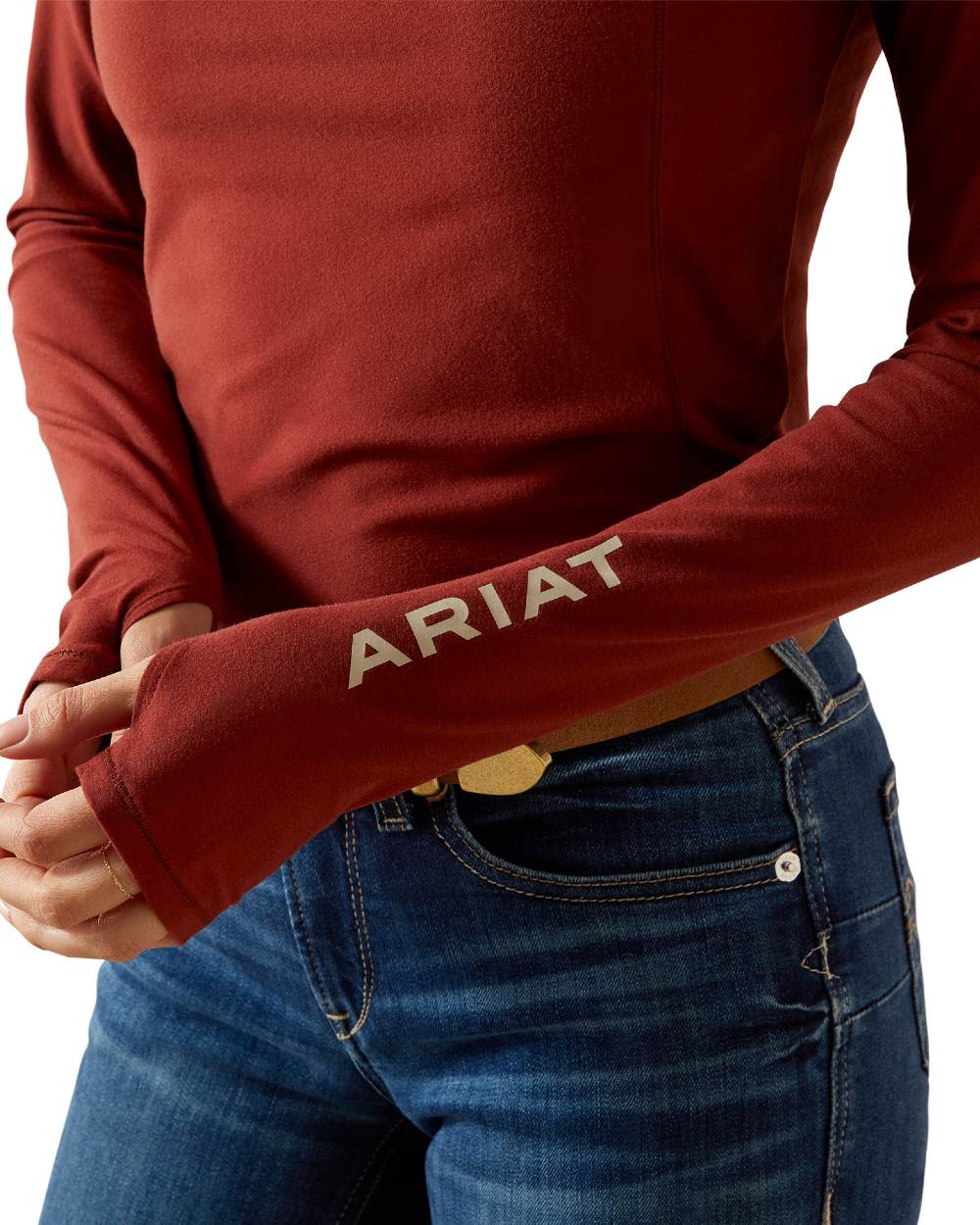 Madder Brown Coloured Ariat Womens Lowell 3.0 Quarter Zip Baselayer on white background 