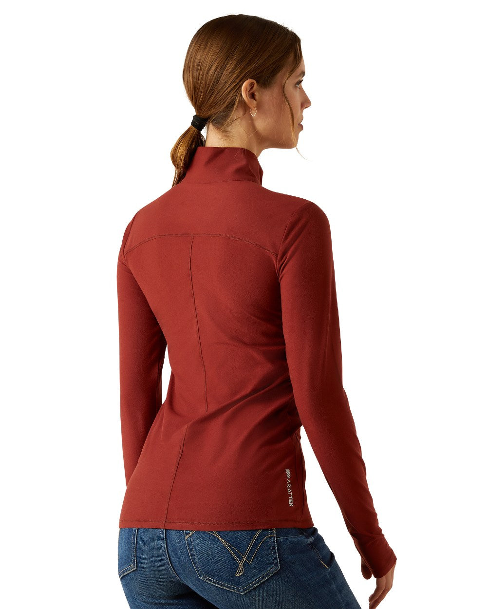 Madder Brown Coloured Ariat Womens Lowell 3.0 Quarter Zip Baselayer on white background 