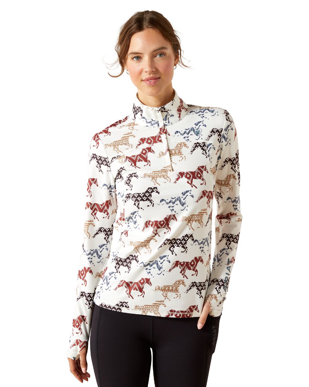 Painted Ponies Print Coloured Ariat Womens Lowell 3.0 Quarter Zip Baselayer on white background 