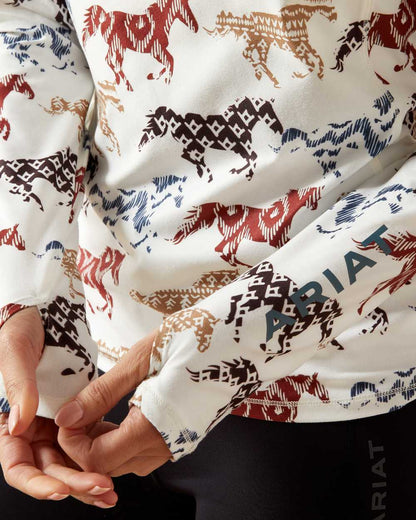 Painted Ponies Print Coloured Ariat Womens Lowell 3.0 Quarter Zip Baselayer on white background 