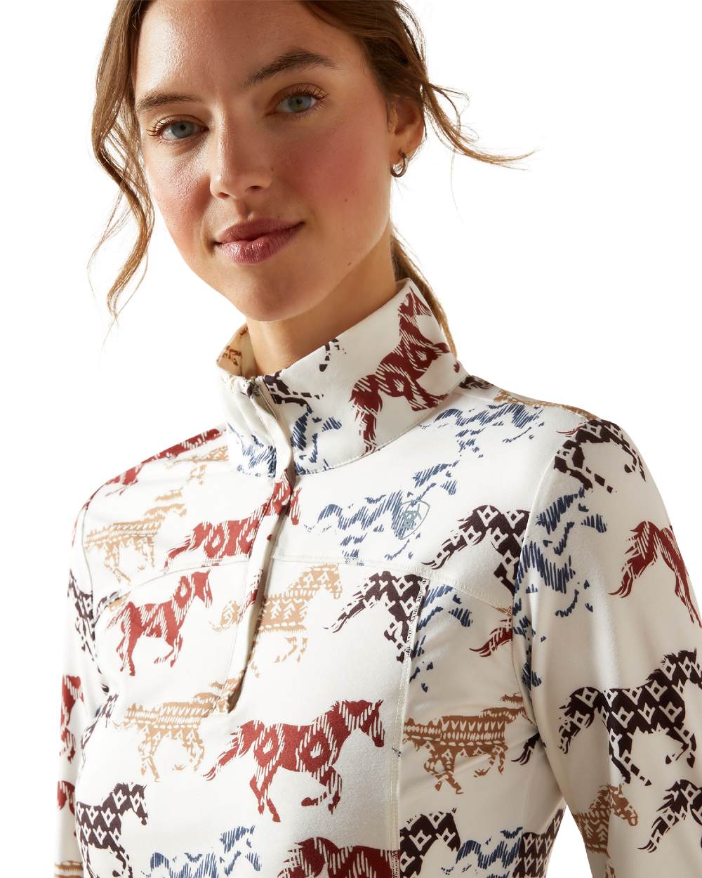 Painted Ponies Print Coloured Ariat Womens Lowell 3.0 Quarter Zip Baselayer on white background 