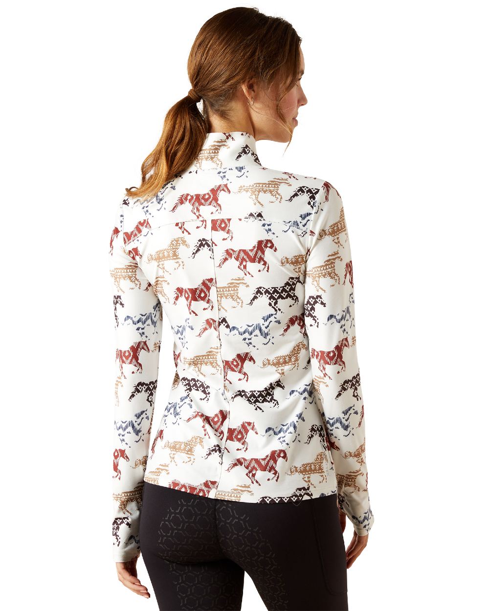 Painted Ponies Print Coloured Ariat Womens Lowell 3.0 Quarter Zip Baselayer on white background 