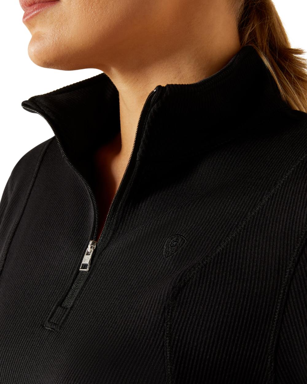 Black Coloured Ariat Womens Lucent Quarter Zip Baselayer on white background 