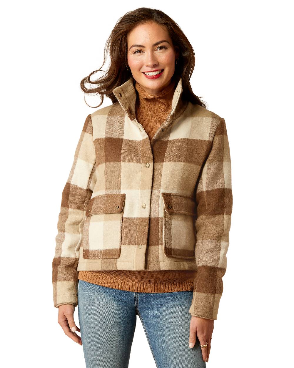 Camel Buffalo Plaid Coloured Ariat Womens Marland Jacket on white background 