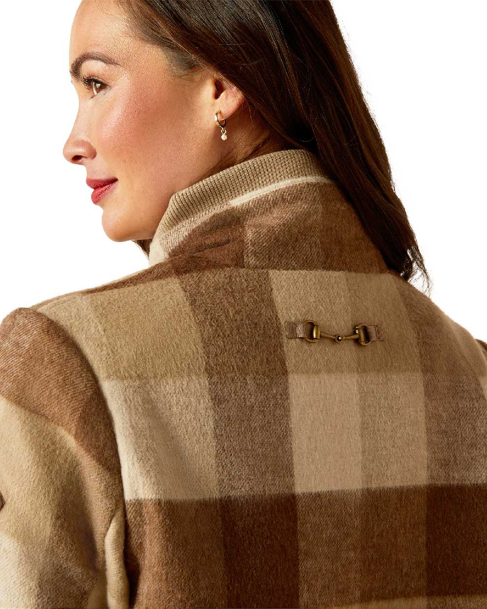 Camel Buffalo Plaid Coloured Ariat Womens Marland Jacket on white background 