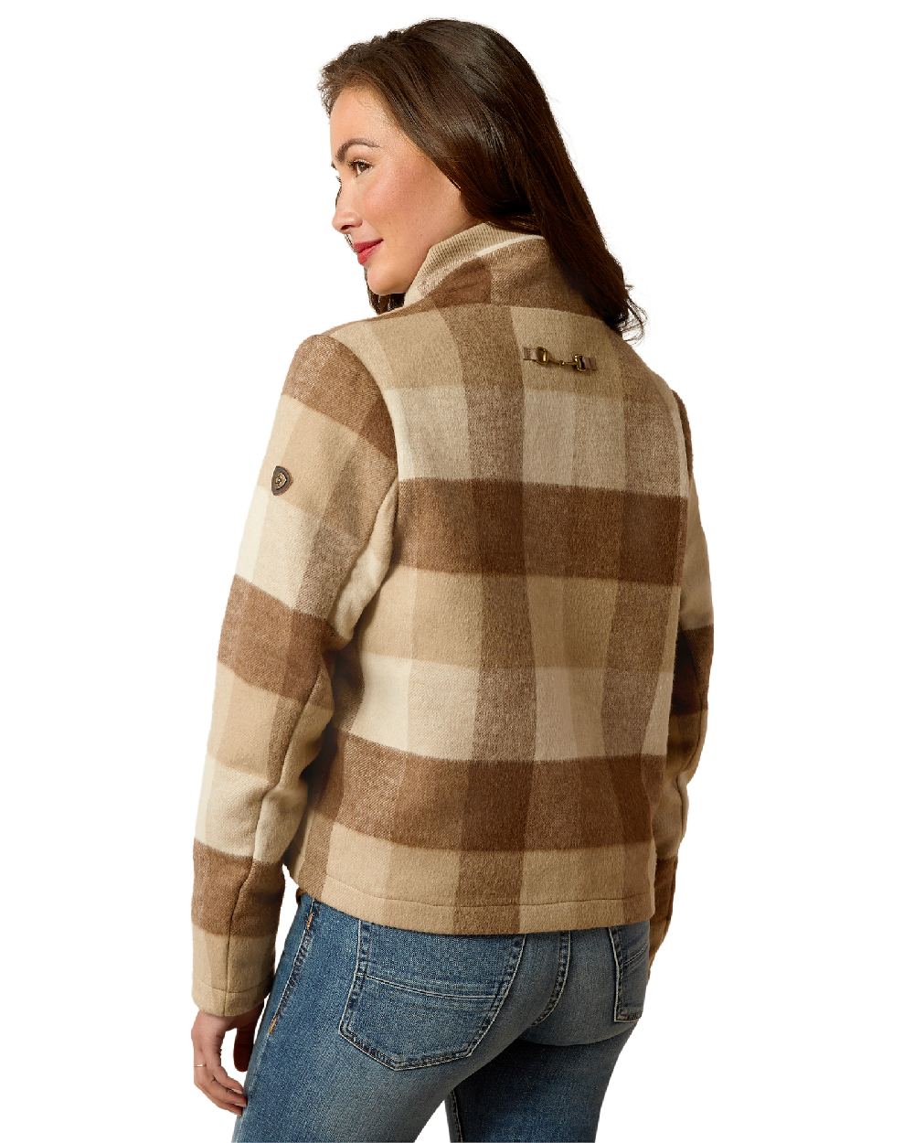 Camel Buffalo Plaid Coloured Ariat Womens Marland Jacket on white background 