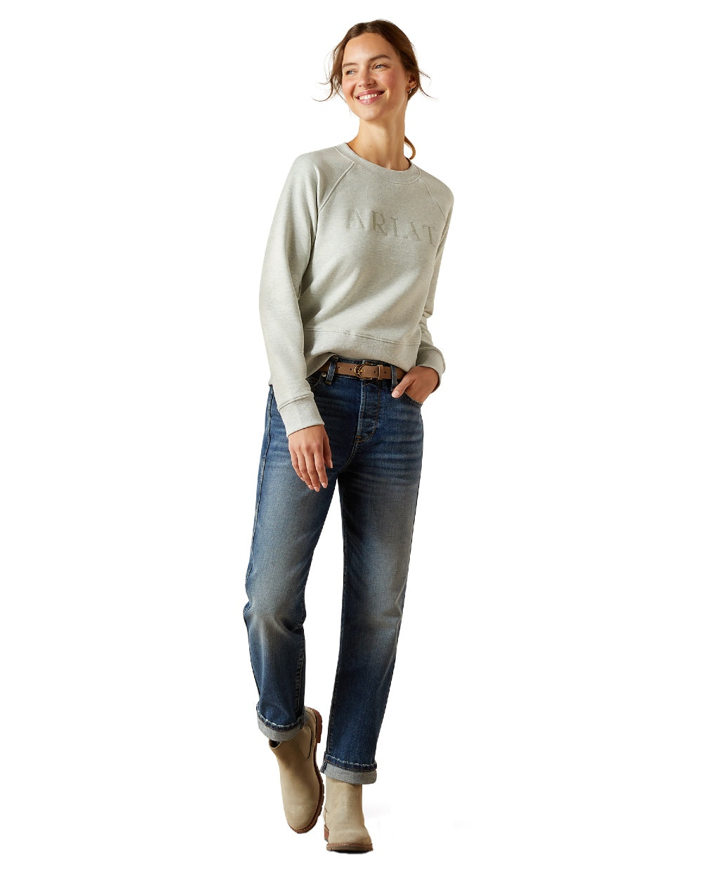Heather Grey Coloured Ariat Womens Martine Sweatshirt on white background 