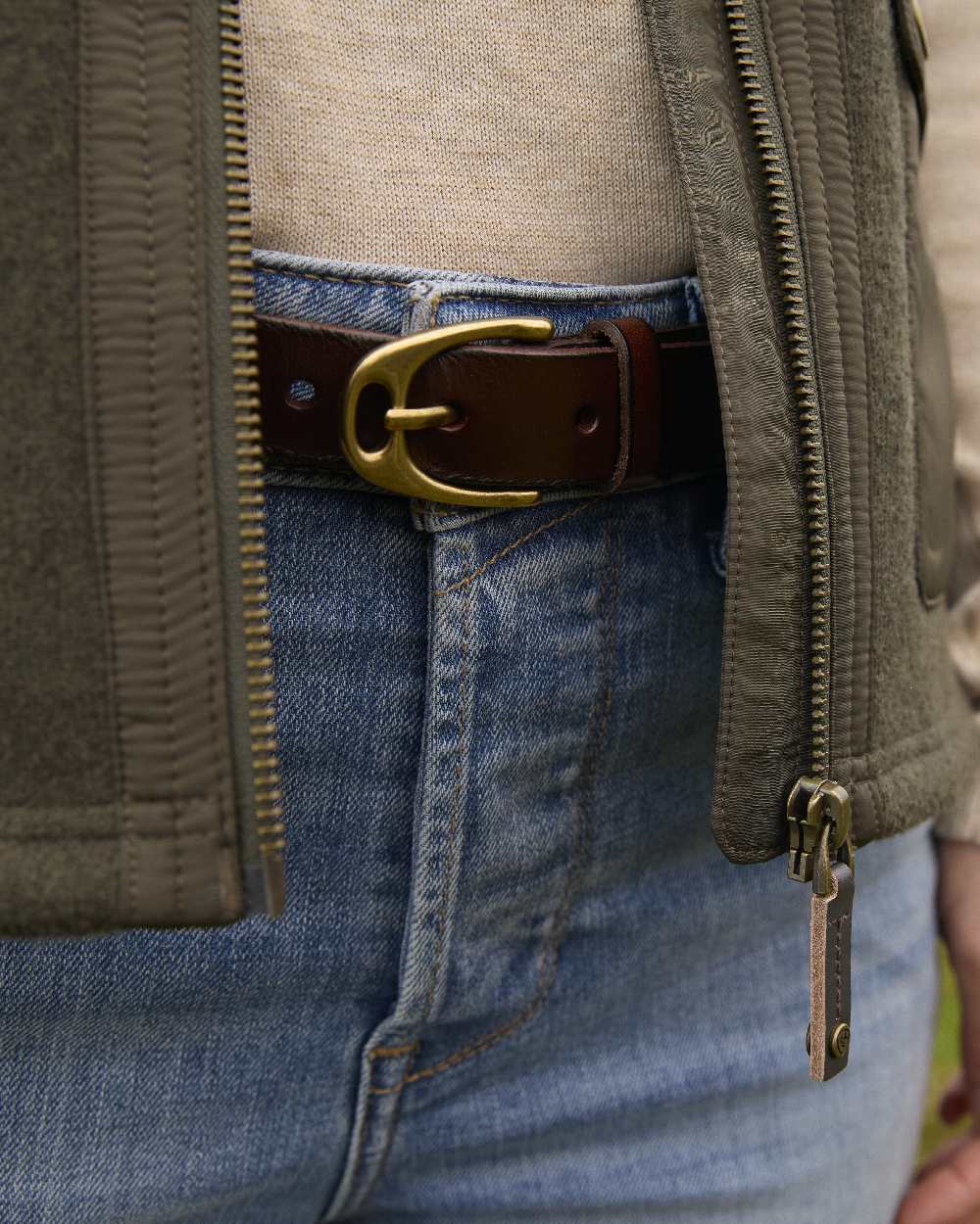 Earth coloured Ariat Womens Millbrae Gilet close up background 