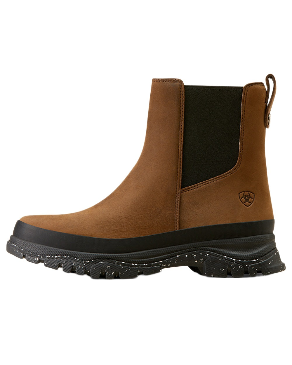 Oily Distressed Brown coloured Ariat Womens Moresby Waterproof Chelsea Boots on white background 