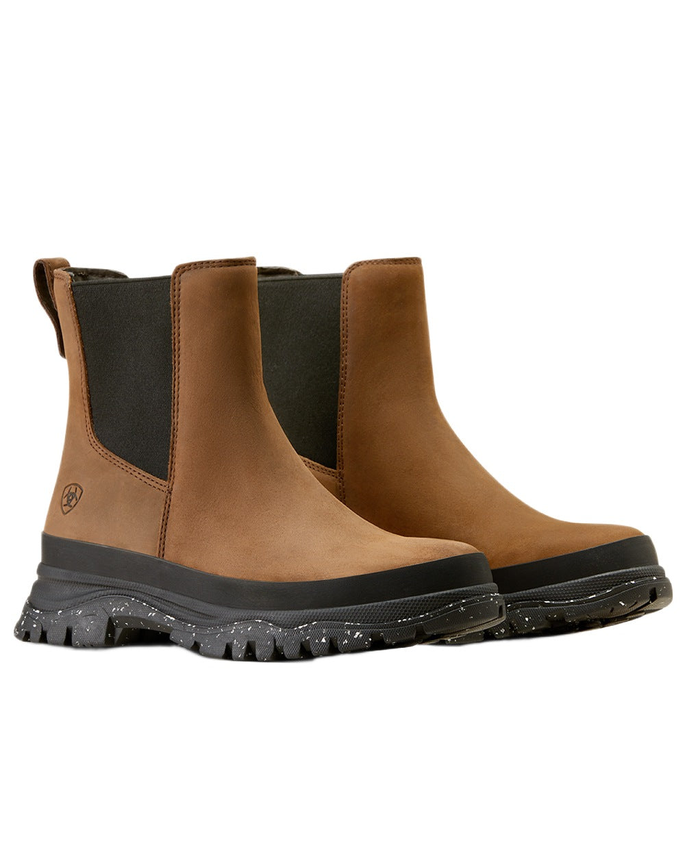 Oily Distressed Brown coloured Ariat Womens Moresby Waterproof Chelsea Boots on white background 