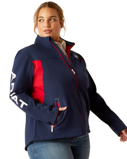 Navy Red coloured Ariat Womens New Team Softshell Jacket on white background 