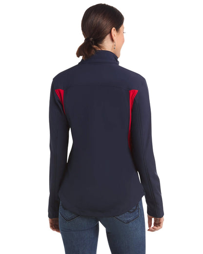 Navy Red coloured Ariat Womens New Team Softshell Jacket on white background 