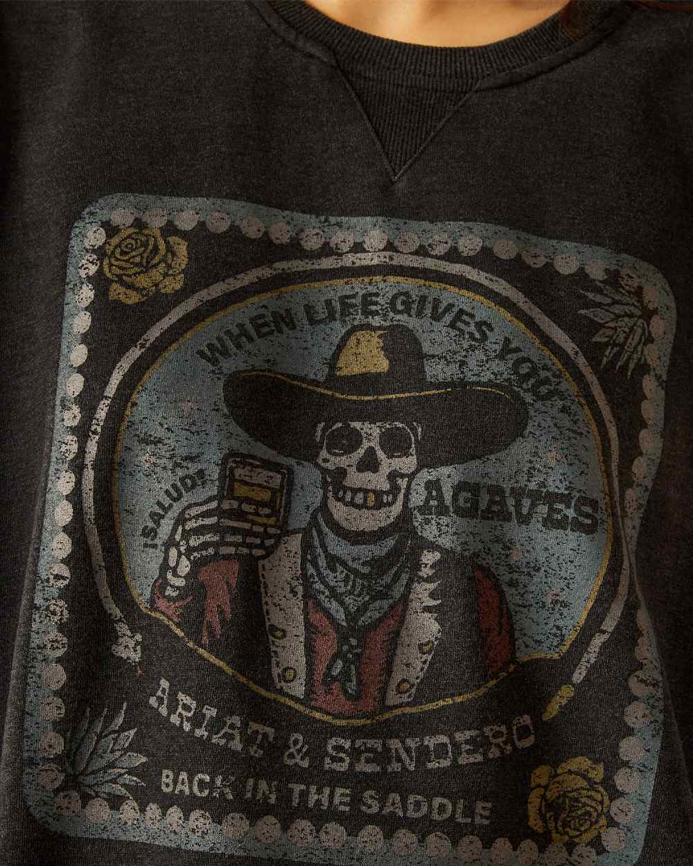 Black Mineral Wash Coloured Ariat Womens Oversize Sendero When Life Gives You Agaves Sweatshirt on white background 